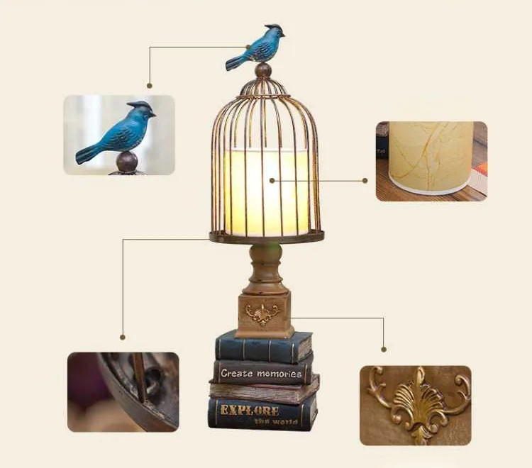 Лофт синий резиновый Настольный светильник для птиц металлический абажур-клетка американская настольная лампа для кабинета декоративная