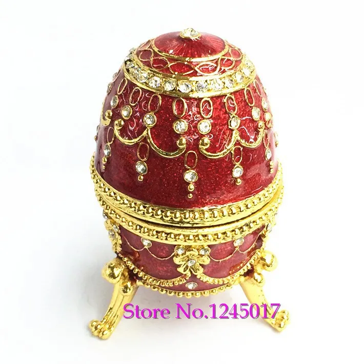 Rhinestones Enamel Jewelry Trinket Box Rich Red Faberge Egg with Gold Finish