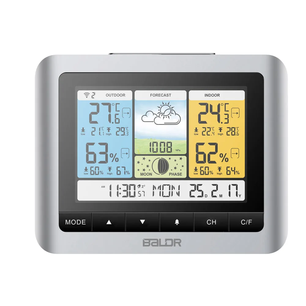 

Baldr Digital Weather Station Wireless EU PLUG Color Forecast In/Outdoor Temperature Sensor Alarm Clock Barometer Thermometer