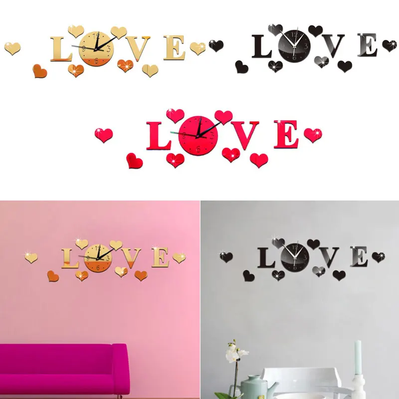 cheap Creative 3D Mirror Stickers Wall Clock LOVE Decals Living Room Decoration