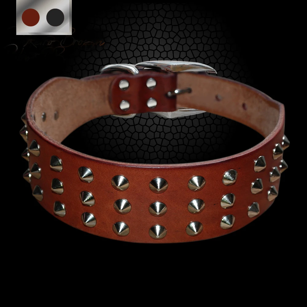 Luxury Genuine Leather Dog Collars Adjustable Heavy Duty Spikes Pet Collar For Small Medium ...