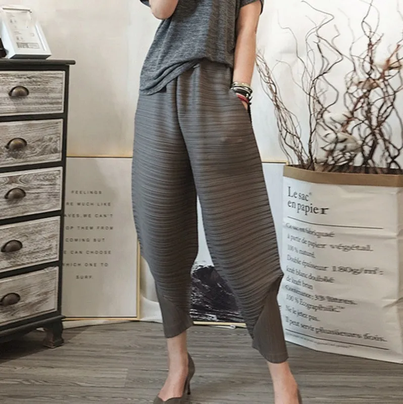

LANMREM 2019 Spring spring New Pattern Elastic Waist Pleated Ankle-Length Solid Color Loose Ladies Fashion Harem Pants BA696