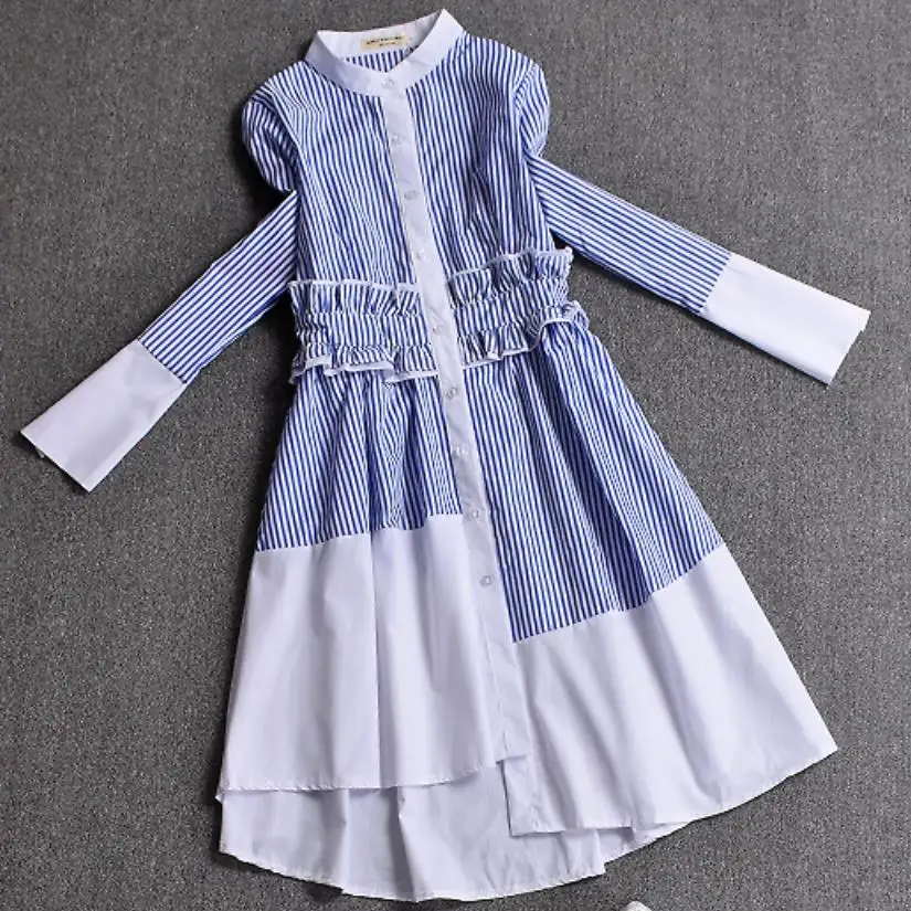 

plus size 2XL! Spring autumn shirt dress women fashion slim Waist blue and white stripes stitching irregular dress