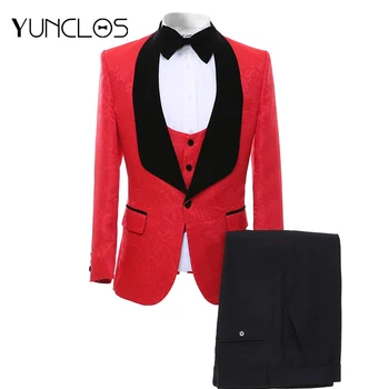 

YUNCLOS Fashion Jacquard Men Slim Fit Suits Shawl Collar Men Suits For Wedding 3 Piece Prom Suits Elegant Party Dress