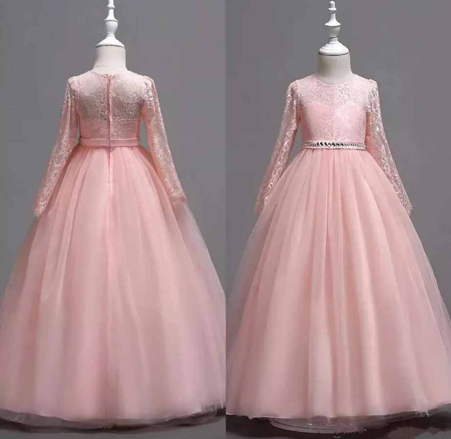 

Real Pictures Long Sleeves Flower Girls Dresses for Wedding Lace O Neck Ball Gown 2019 Girls Pageant Gown Birthday Party Dress