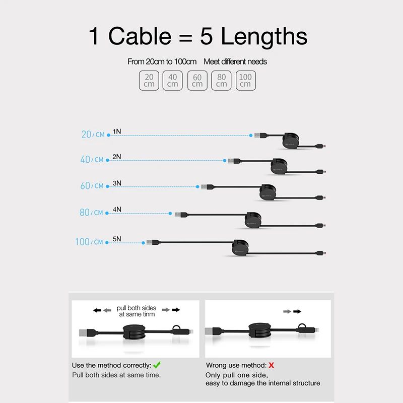 CAFELE Original 1m Retractable cable For Lightning to USB Cable Data Sync Charger Cable for iPhone 5 5s se 6 6s iPad IOS 8 9