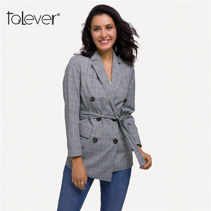 Casual Autumn Plaid Long Blazer Women Double Breasted