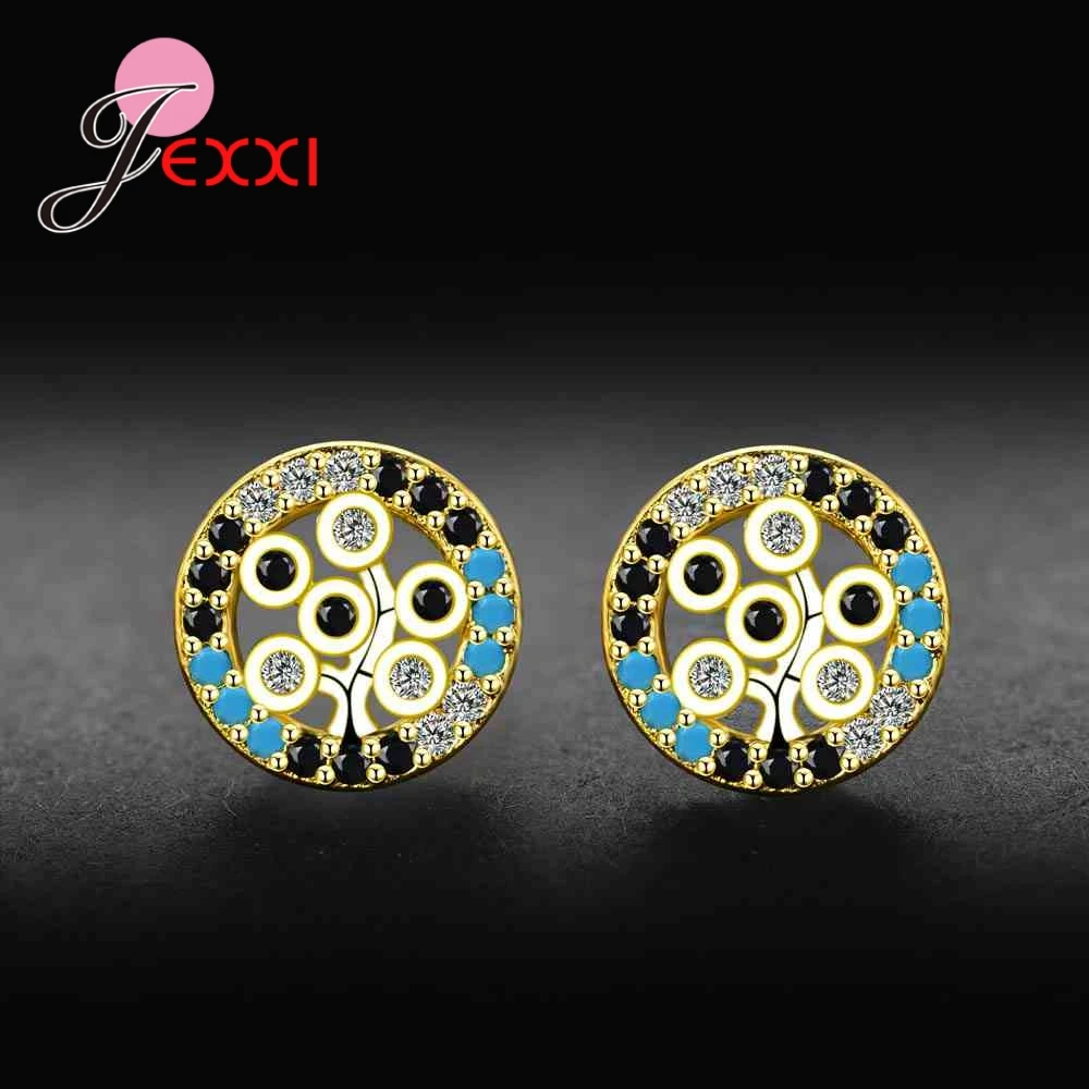 

Personality Round Shape Design Stud Earrings Real 925 Sterling Silver Rhinestone For Fashion Women Loves Pretty Good Gifts