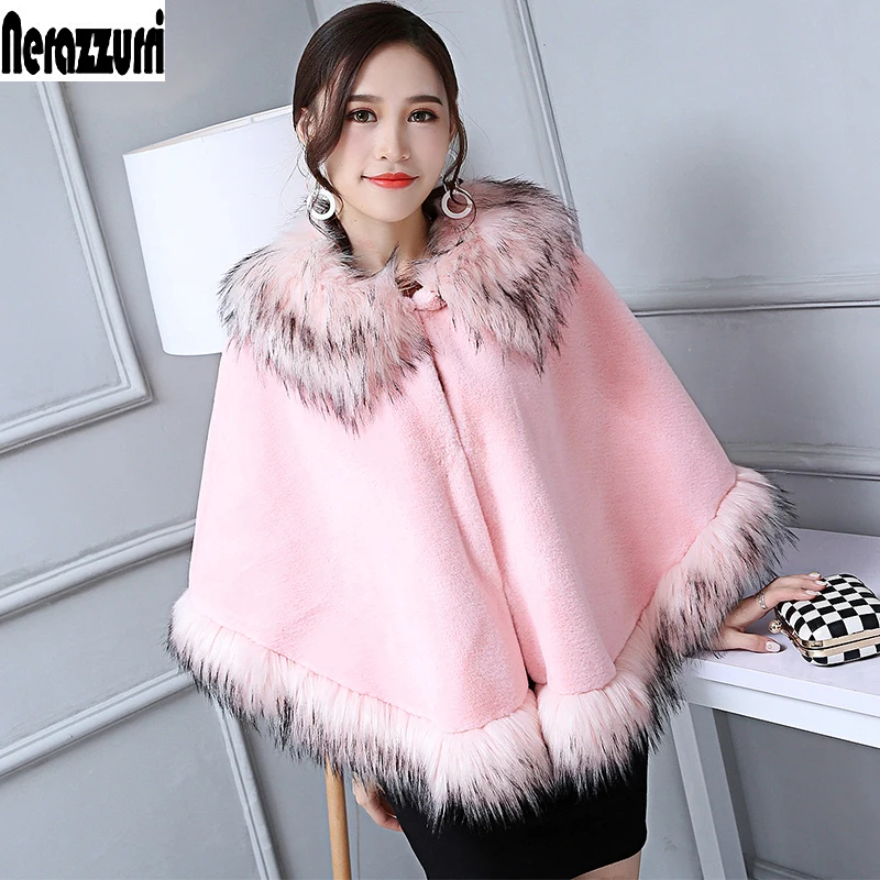 

Nerazzurri New 2017 Winter Fashion Ladies Faux Fur Cape With Fox Fur Trim Pink Poncho Female Synthetic Rabbit fur Coat Cloak