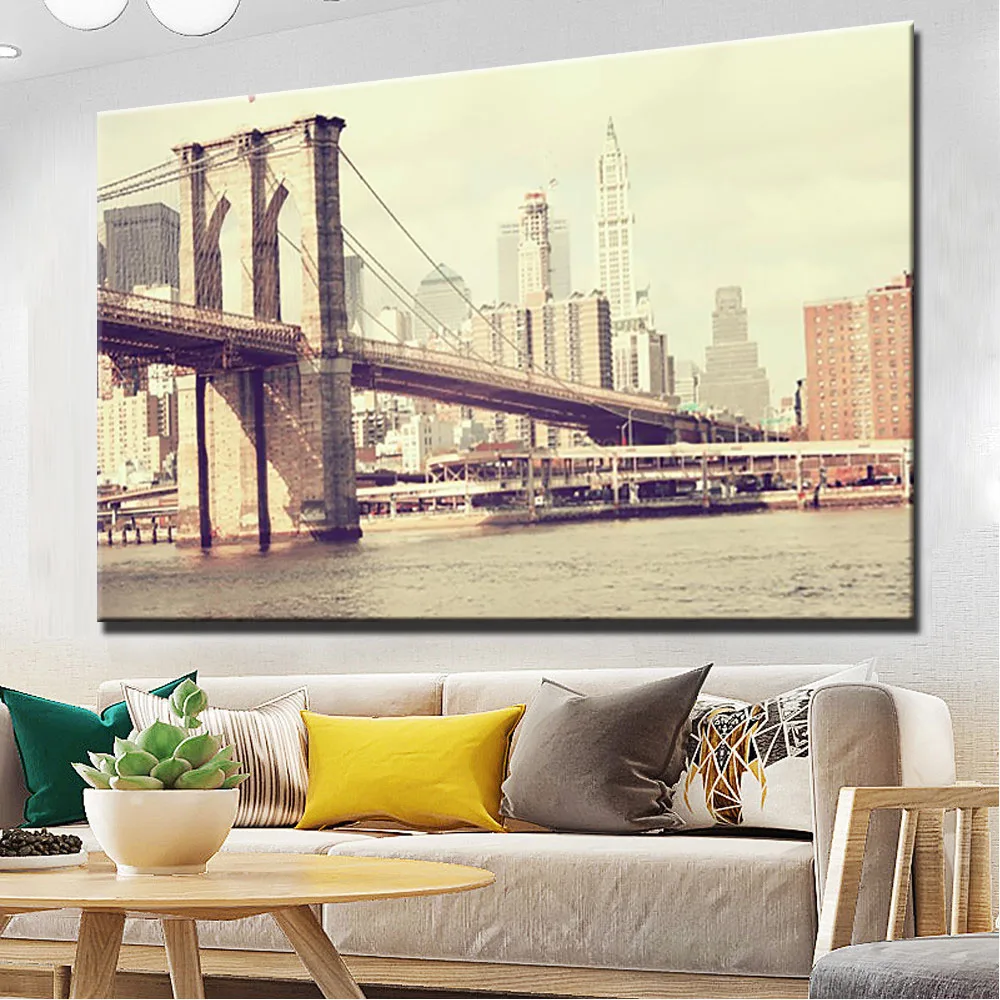 

Vintage Poster New York Brooklyn Bridge Wall Art Canvas Painting Modern City Landscape Spray Painting Wall Picture for Bedroom