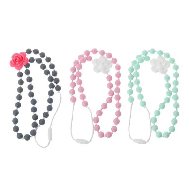 

Baby Teething Toy Silicone Training Baby Teethers Necklace Rose Flower Pendant Necklace Chewing Toy Gifts Beads Pacifier Clip