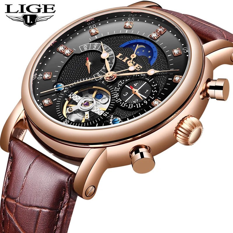 

New LIGE Fashion Mens Watches Luxury Waterproof Automatic Mechanical Watch Men Casual Leather Sport Watch Relogio Masculino 2019