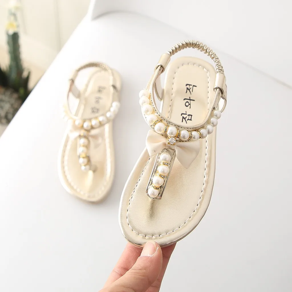 summer kids sandals for girls Bowknot Pearl Princess shoes baby girl sandals Thong kids sandals crystal bebek ayakkabi A1