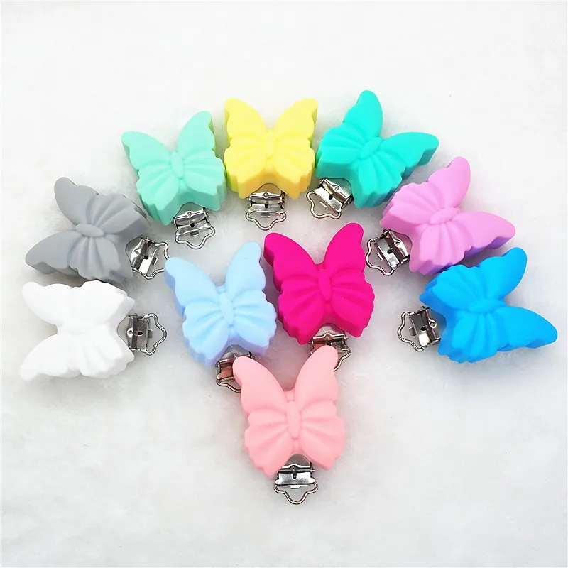 

Chenkai 10PCS BPA Free Silicone Butterfly Teether Clips DIY Baby Pacifier Dummy Chain Holder Jewelry Soother Nursing Toy Clips