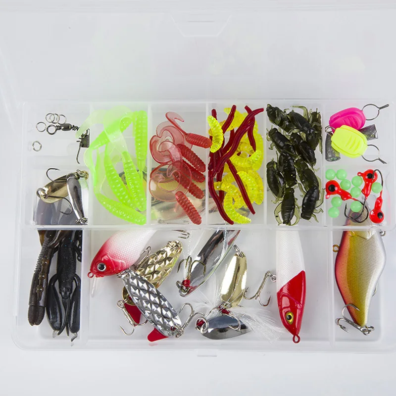

23pcs/Box Multi Fishing Lure Kit Mixed Colors Metal Spoon Lure Soft Worm Lure Jig Head Hart Popper Crankbait VIB Artificial Bait