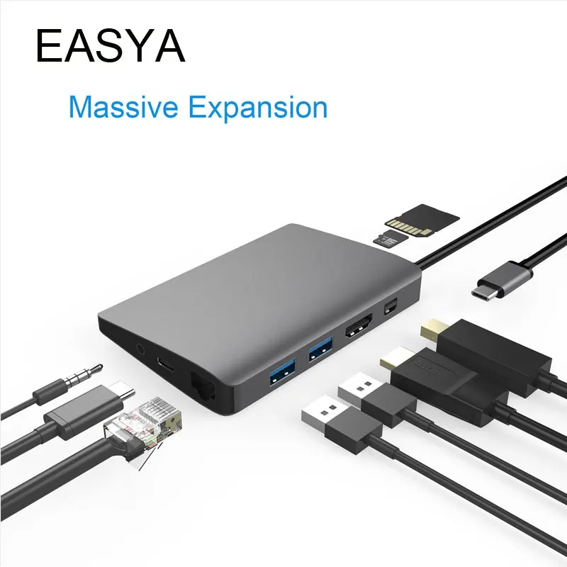 

EASYA 9-in-1 USB C Hub to HDMI Rj45 Mini DP 4K Thunderbolt 3 Adapter with PD SD/TF Card Reader 3.5mm Jack for Macbook Pro Type-C