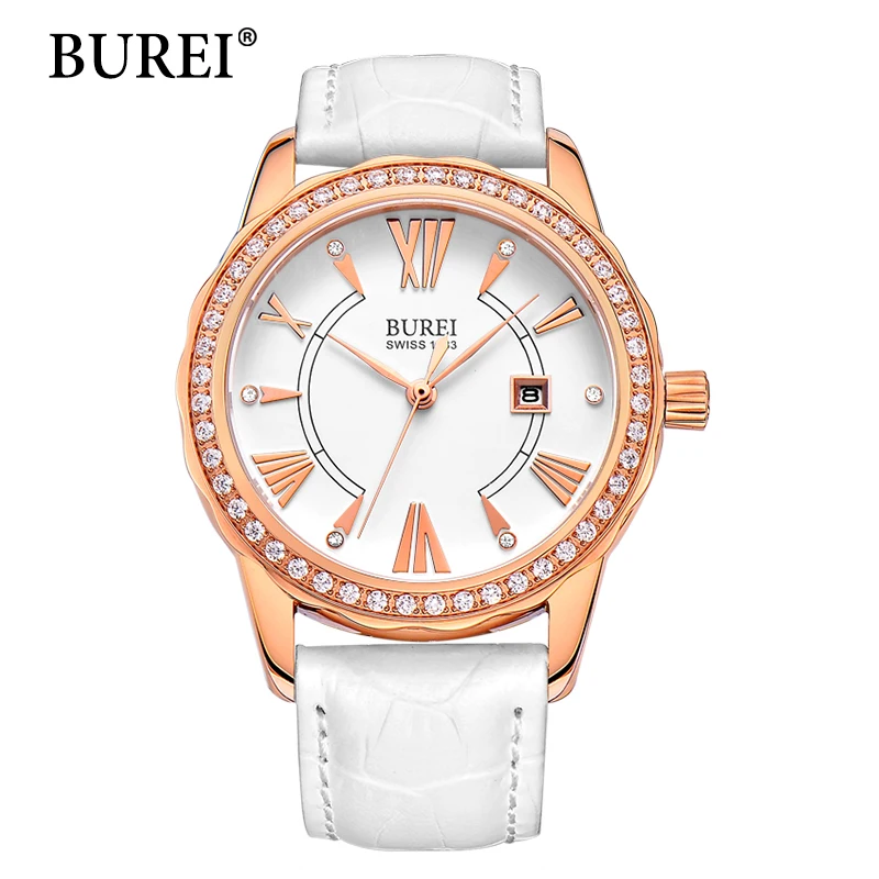 

BUREI Women Quartz Watch Retro Roman Numeral Dial Fashion White Calfskin Band Date Display Female Clock Petal Border