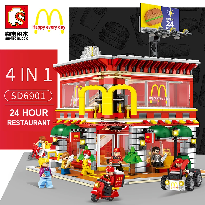 

4 In 1 Sembo SD6901 Mini Street View LED McDonaldss Restaurant House Building Blocks Model Compatible with LGSet Architecture