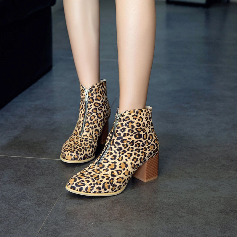 Ariari/Новые осенние женские ботинки; модная женская обувь на высоком каблуке с леопардовым принтом; классические ботильоны с круглым носком; большие размеры; лучший подарок для женщин
