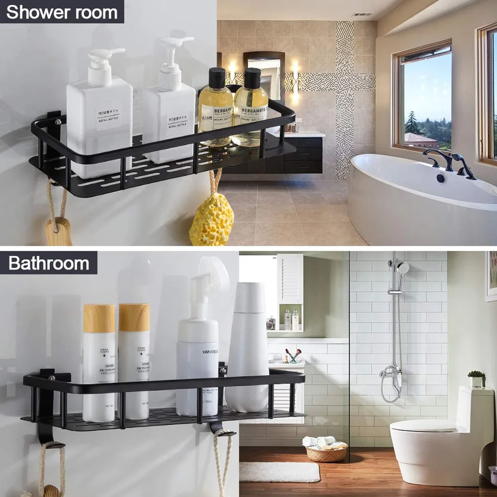 Bathroom Shelf Aluminum Black Shower Caddy with Hook Shampoo Soap Perfume Holder Bath Storage Organization etagere salle de bain