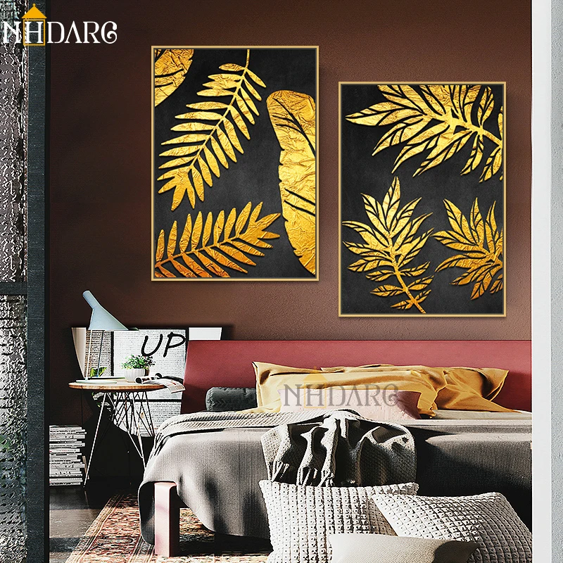 

Vogue Modern Golden Leaves Posters And Prints Canvas Painting Art Wall Pictures For Living Room Modern Nordic Home Decor