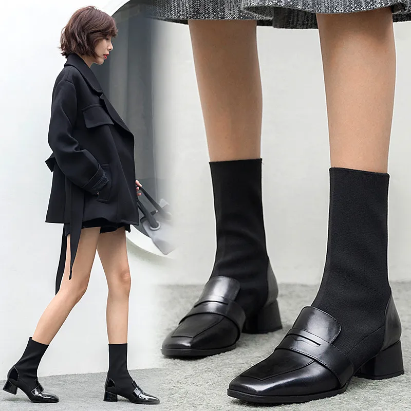 Women mid calf boots Leather cow leather sock boots 22 24.5cm length