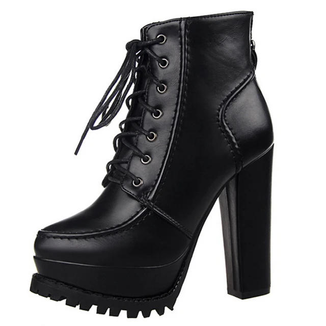 Brand Ladies 13cm Black Leather Platform Chunky High Heel Ankle Boots ...