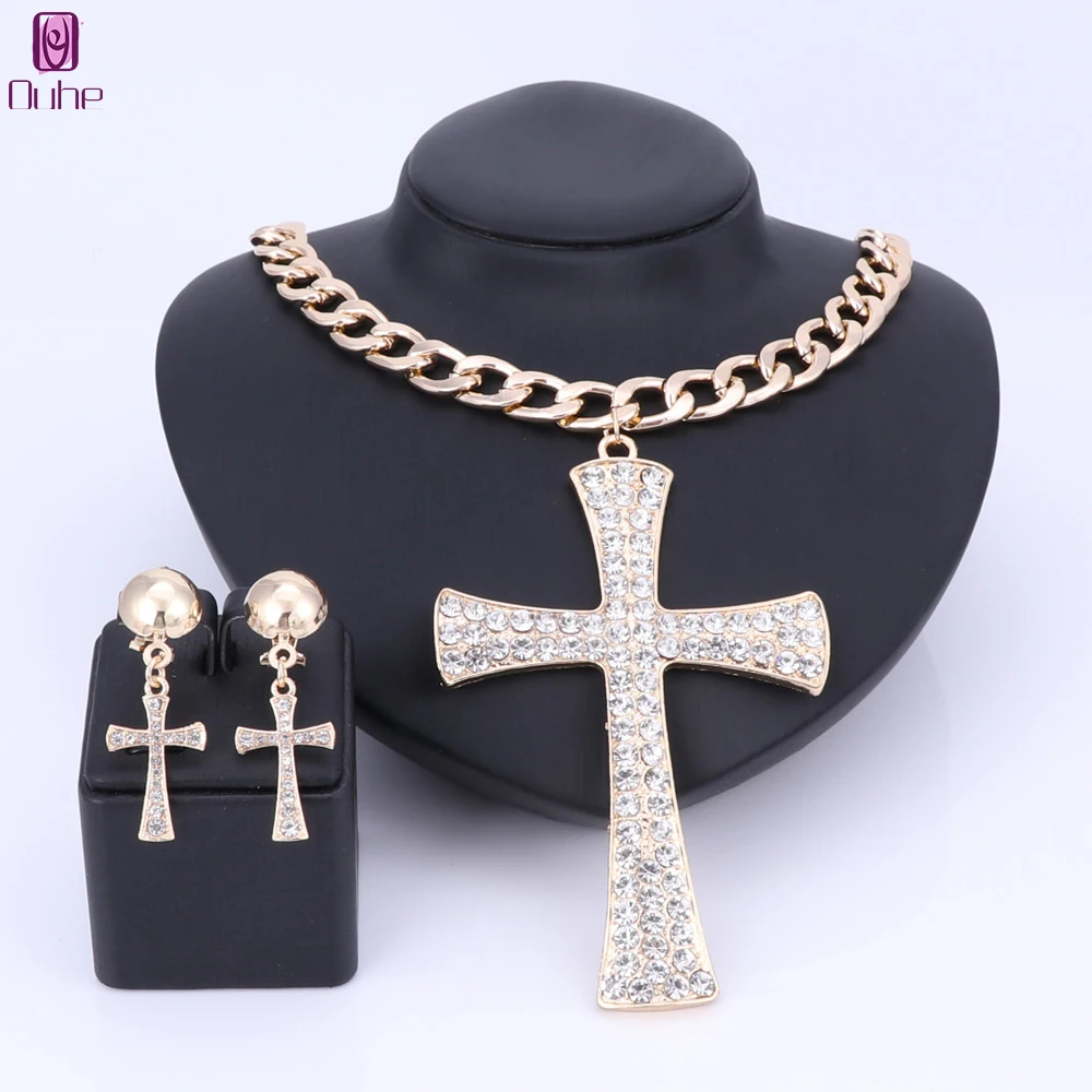 

Ethiopian Cross Jewelry Set Gold Color Crystal Rhinestone Necklace Earrings Africa Wedding Gifts Bride Decoration Jewellery