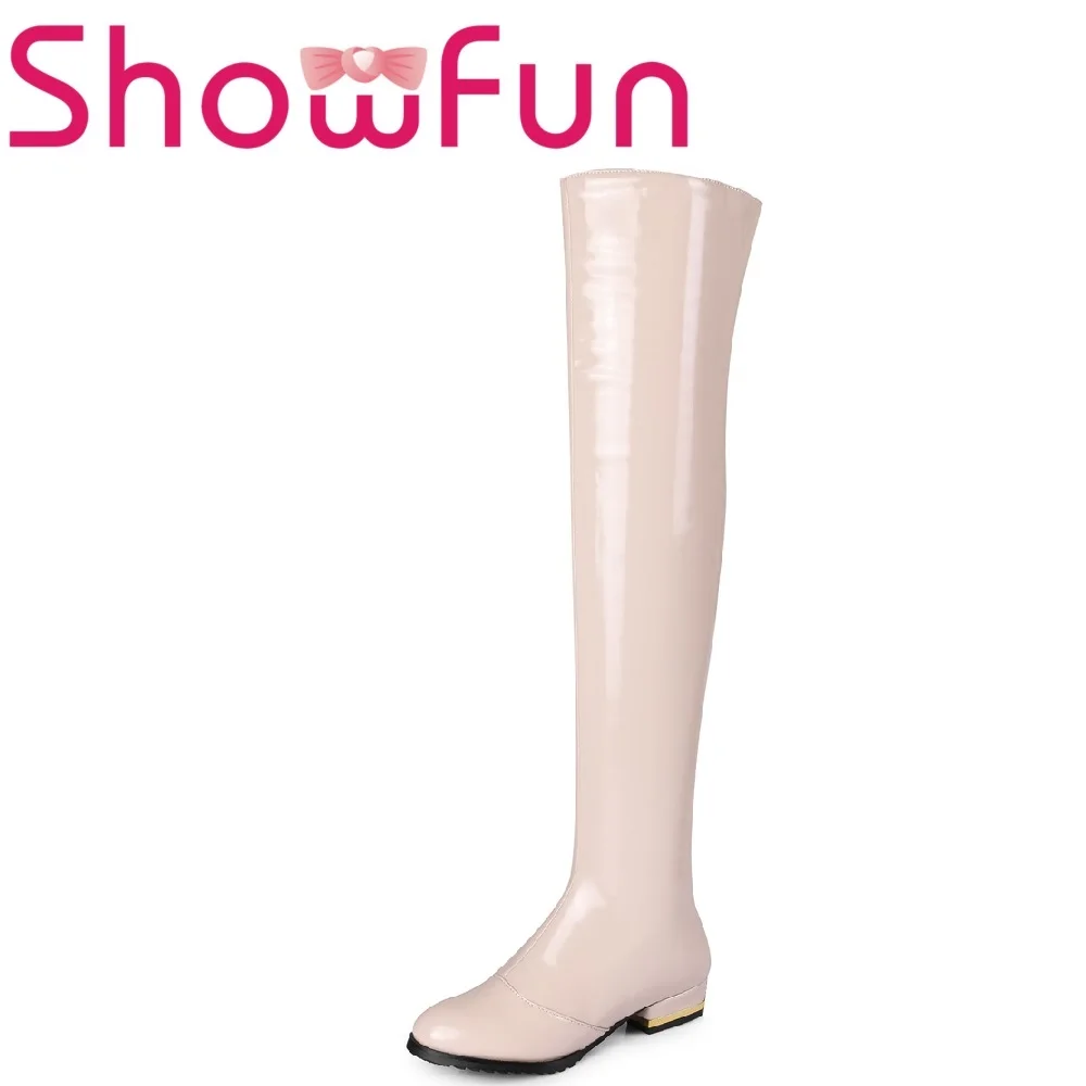 

Showfun genuine leather shoes woman winter solid over-the-knee pointed toe zipper short plush square heel boots