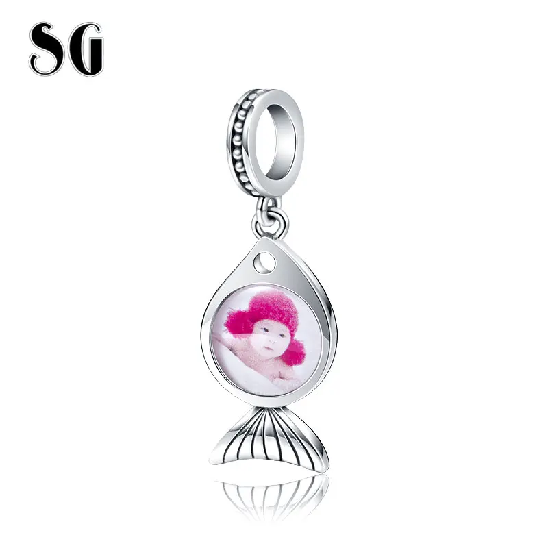 

SG New 100% 925 Sterling Silver cute fish Charm Personalized Custom Photo DIY Beads Fit European Bracelet Women DIY Jewelry