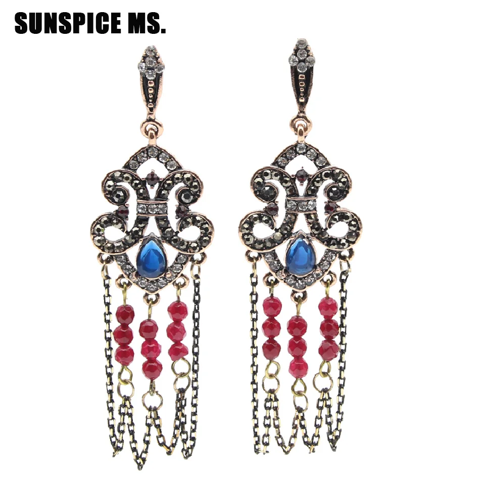 SUNSPICEMS Vintage Long Tassel Dangle Earring for Women Rhinesotne Arabic Wedding Jewelry Retro Gold Indian Wholesale | Украшения и