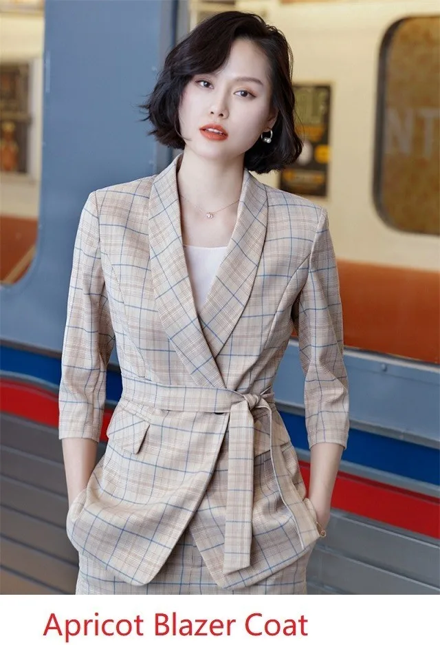 Novelty Apricot High Quality Fabric Uniform Designs Women Pantsuits Jackets And Pants For Ladies Blazers Pants Suits With Belt - Цвет: Blazer Coat