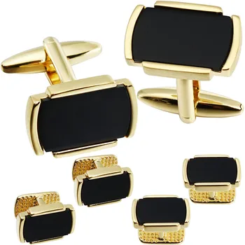 

6 PCS Set Cufflinks Collar Studs With Natural Black Stone for Men Tuxedo HAWSON