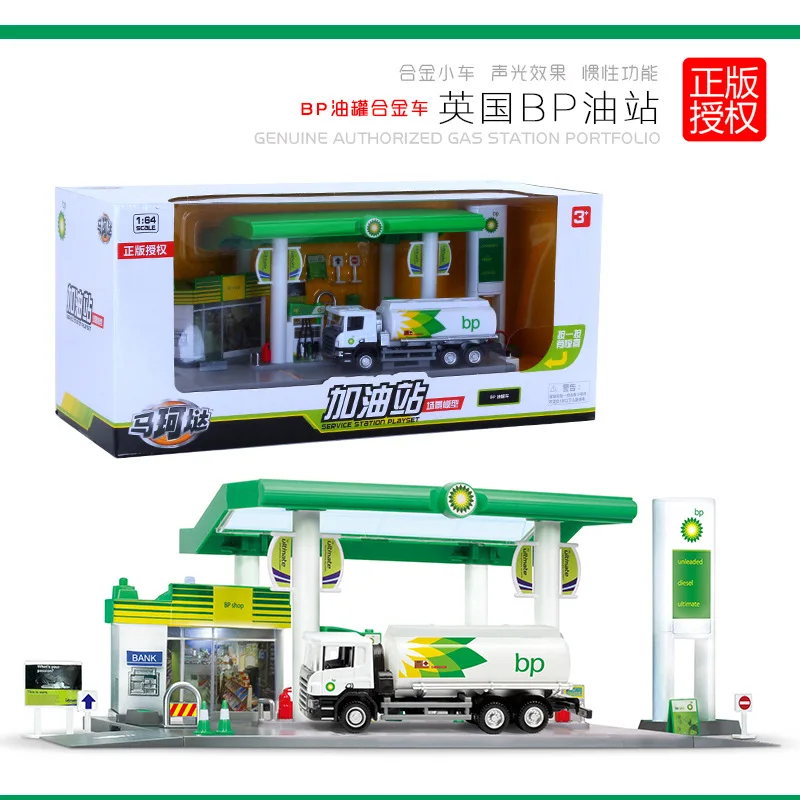 Beste Met Led Licht 1 64 schaal UK BP Tankstation Model Set Brandstoftank Truck Mini Coopers Super Sport Metal Diecast Cars Pull Back speelgoed