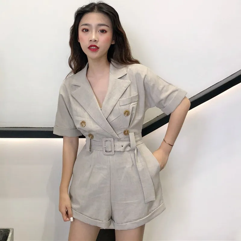 

2019 Summer Women V-Neck Solid Shorts Jumpsuit Office Wear Sashes Button Pocket Wide Leg Rompers