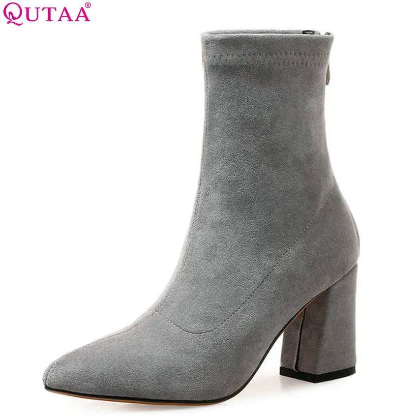

QUTAA 2019 New Fashion Women Shoes Platform Pointed Toe Women Mid Calf Boots Winter Shoes Woman Motorcycle Boots Big Size 34-39
