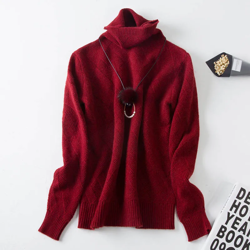 Кашемировые свитера на осень и зиму для женщин, чистый кашемир, шерсть, геометрический рисунок, вязаный свитер с высоким воротом, Повседневный свитер, нижняя рубашка - Цвет: Бургундия