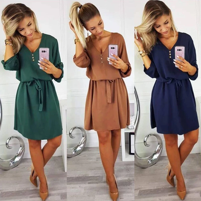 

Women Dress Sexy Fashion V-neck Half Sleeve Spring Summer Solid Buttons Slim Lace Waist Stretch Loose Casual Dresses 311N
