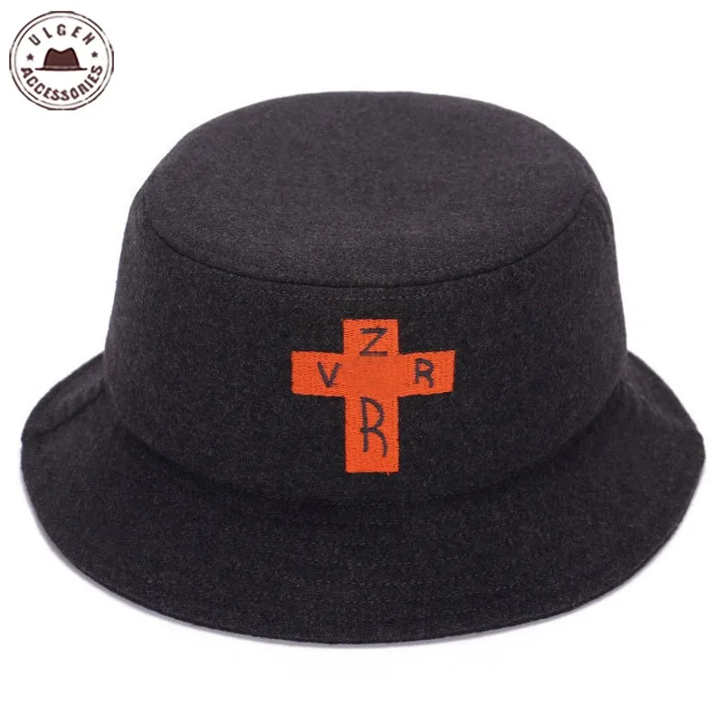 New Embroidery Cross Bucket Hat Wool Felt Warm Thick Bucket Hats Warmer