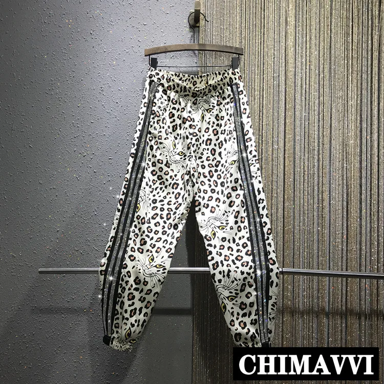 

European 2019 Summer New Women's High Waist Leopard Pattern Side Hot Drill Casual Trousers Harem Pants Girl Female
