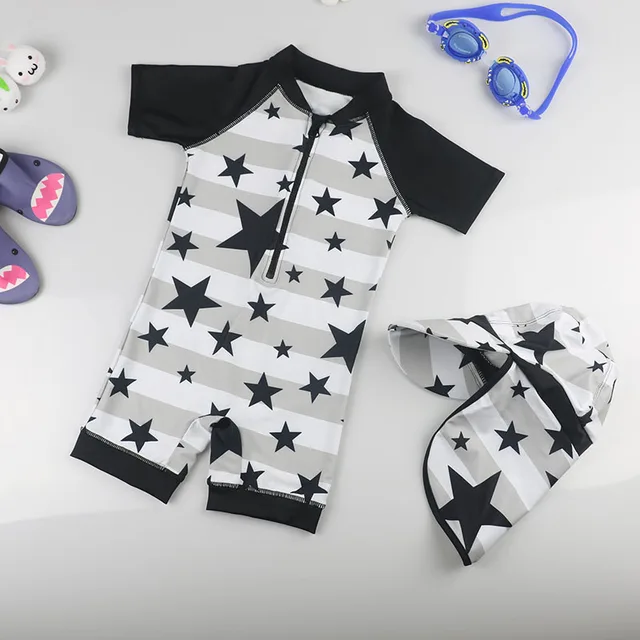 Cheap Children's One-piece Stripe Swimsuit Summer Seaside Beach Boys Cute Star Bathing Suit Children Spring Cartoon Swimwear With Hat