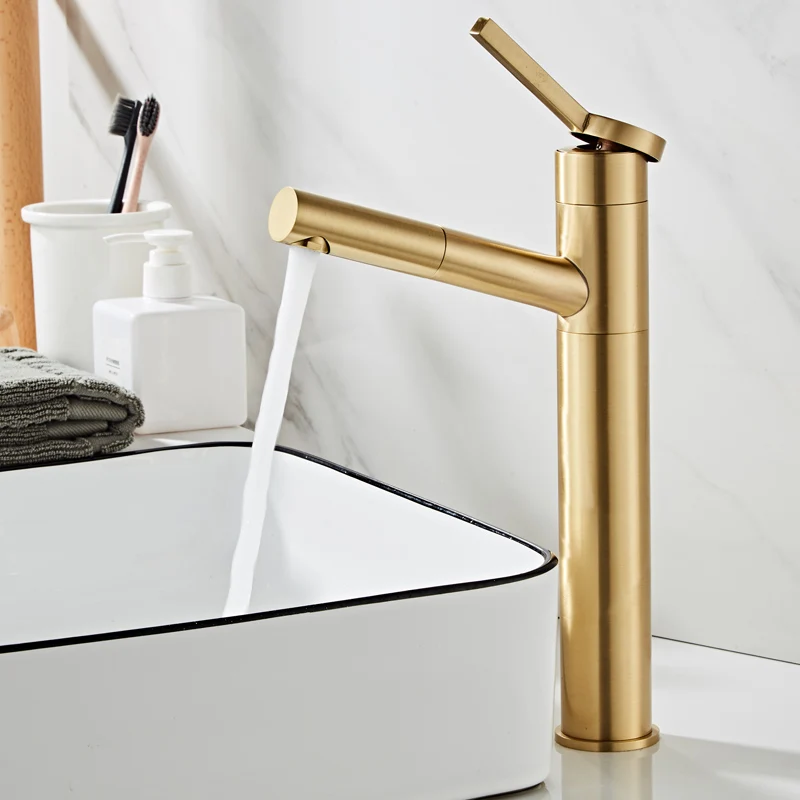 

Pull Out Bathroom Basin Faucet Brushed Gold Sink Faucet Single Handle Hot and Cold Water Crane Vessel Sink Mixer Tap