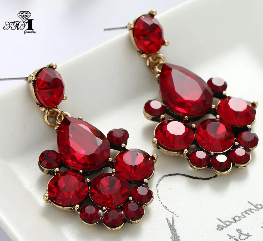 YaYi Jewelry New Red Glass Gray Rhinestone Dangle Crystal Earring Women's Fashion Ancient Gold Color Gem Earrings 1164