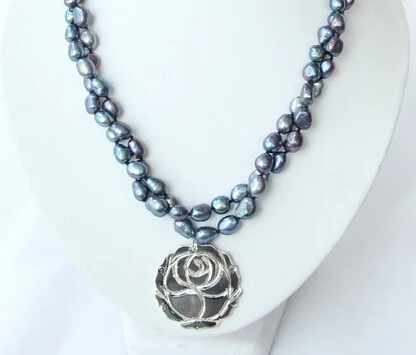 

HOT N55 2strands 10mm baroque black freshwater pearls necklace shell Pendant