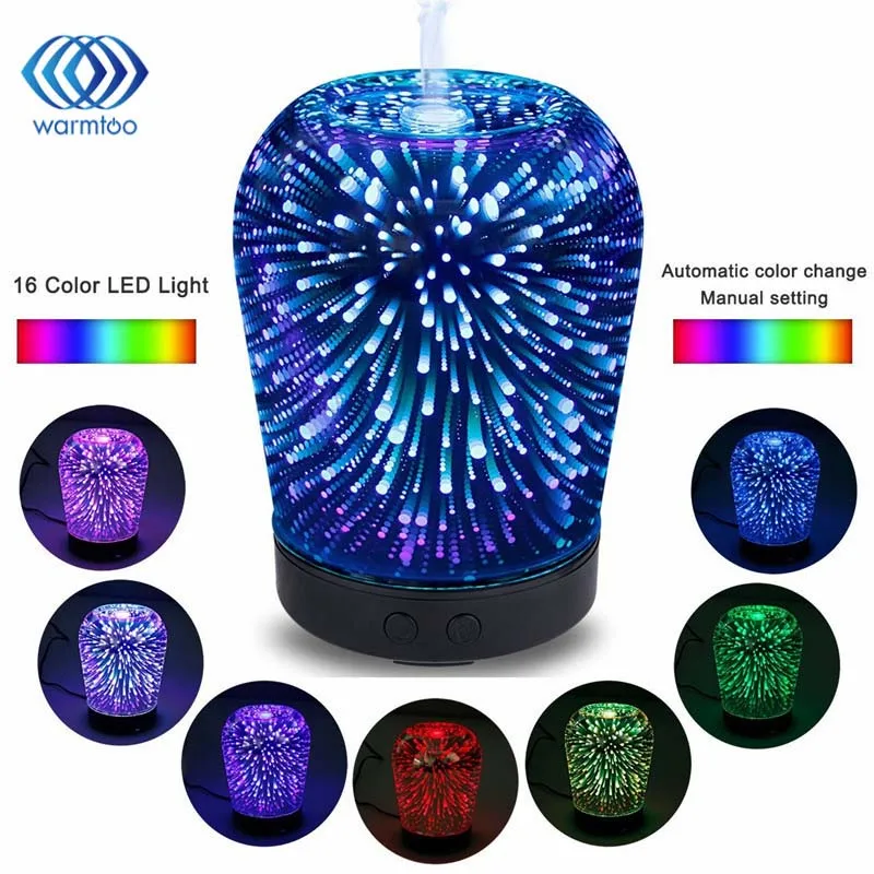 

100ml 100-240V 3D LED Lights Oil Diffuser Ultrasonic Cool Mist Aromatherapy Humidifier 16 Color Changing Starburst Light Lamp