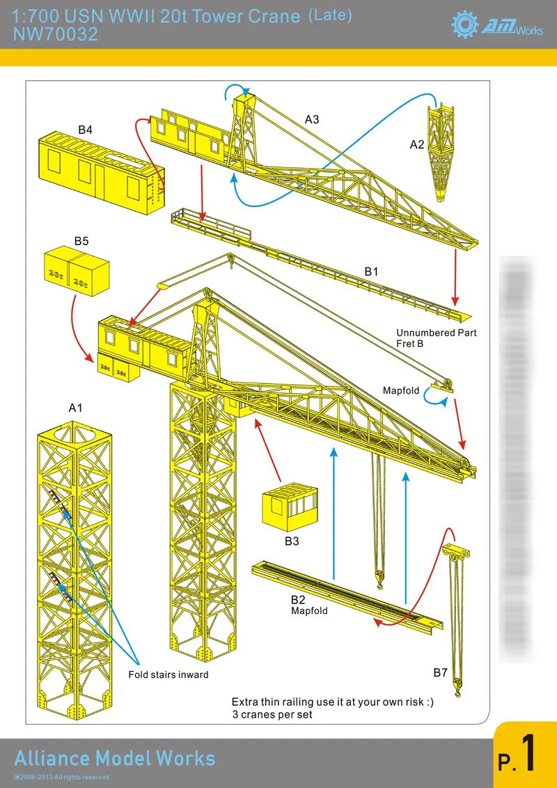 1/700 Второй мировой войны USN 20t башенный кран(поздний),(3 крана в упаковке),(металлический армейский строительный модель, не собранный