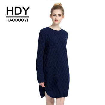 

HDY Haoduoyi Fashion Women Sweater Long Sleeve Pull Slit Sweater Dress Knitting Winter Autumn Sweater Jumper Pullover Dresses