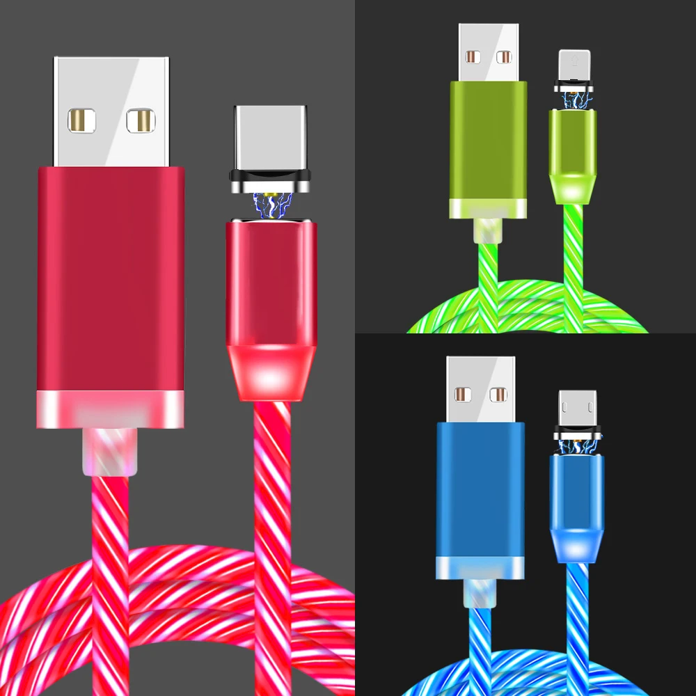 Flowing Light Magnetic Micro USB Cable For Samsung Type-c Charging Charge For iPhone 1M Magnet Charger USB Type C Cables