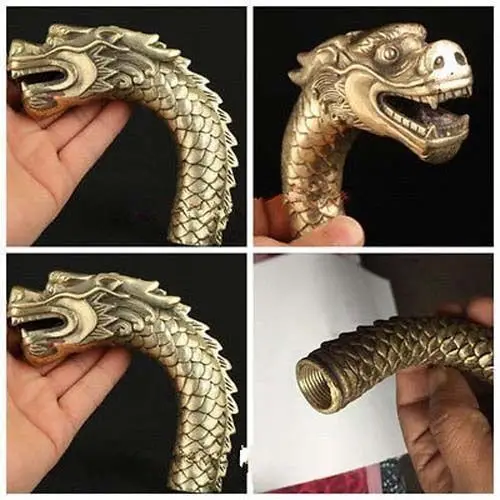 

Gothic Chinese Old Bronze Hand Carved Dragon Collect Statue Cane Walking Stick