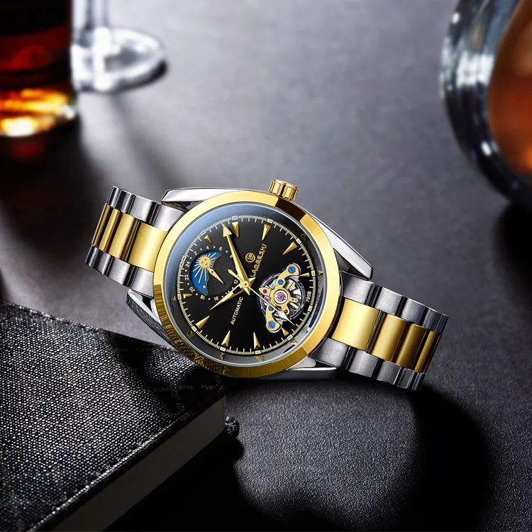 Laogeshi الفاخرة ماركة الساعات الرجال للماء التلقائية الميكانيكية ساعة صغيرة 24 ساعة عرض moonphase relojes